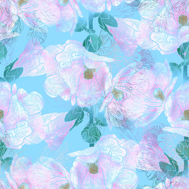 Seamless pattern with hollyhock flowers - Fotoğraf, Görsel