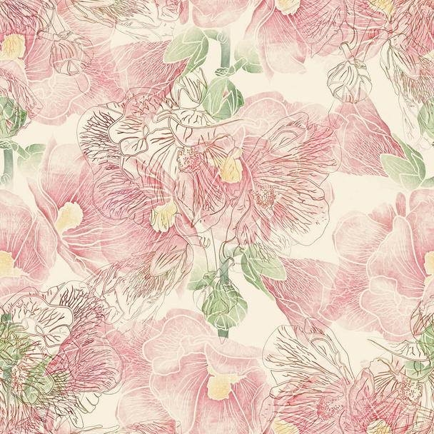 Seamless pattern with hollyhock flowers - Foto, Imagen
