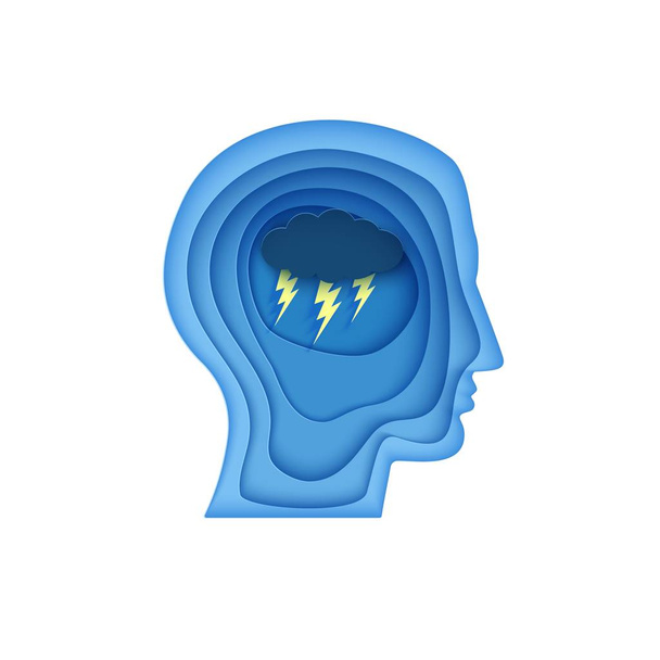 紙カットスタイルで雲や雷を持つ男の脳のシルエットの頭。そうだ精神衛生の日10月10日要素の概念。心理学と精神医学悪い気分,心のOcdうつ病状態,怒り - ベクター画像