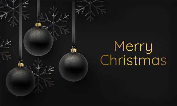 Realistic 3d illustration of black shimmering metallic snowflake and Christmas ball. Greeting card, invitation happy New year 2020 and Christmas. Vector illustration - Vetor, Imagem