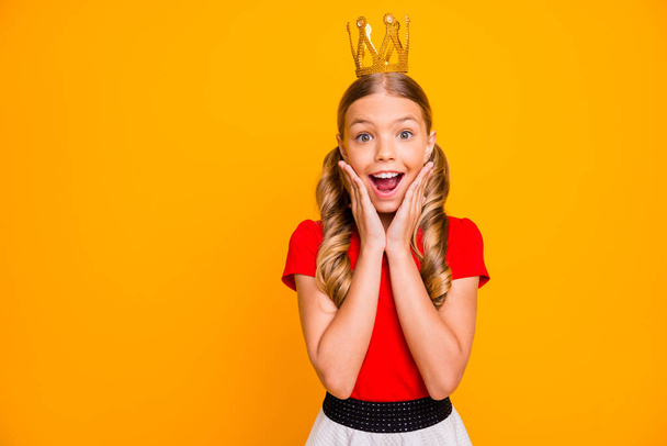 Photo of pretty crazy little lady royal family person arms on cheekbones golden tiara head young school prom wear casual red white dress isolated bright yellow color background - 写真・画像