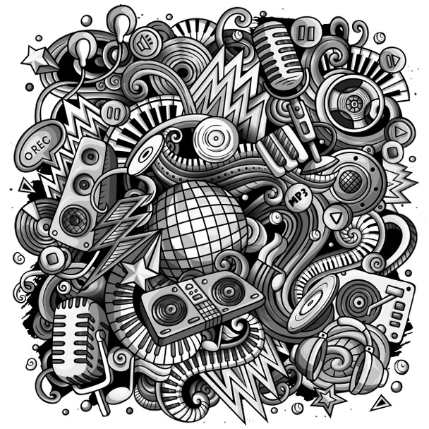 Cartoon doodles Illustration de musique disco. Image drôle musicale tonique
 - Photo, image