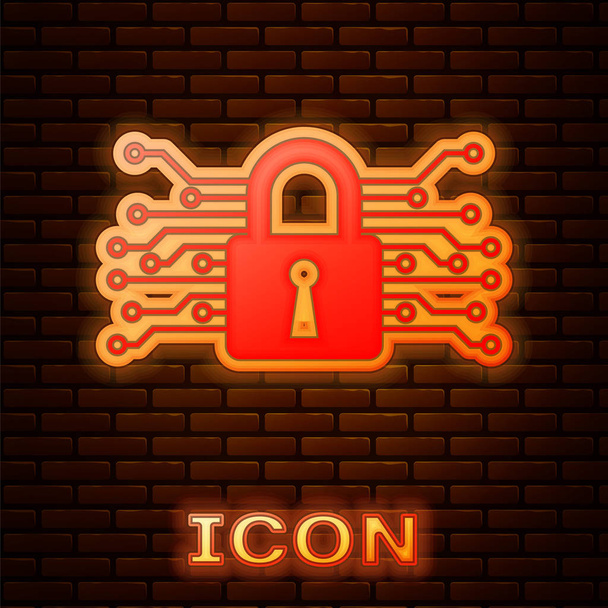Glowing neon Cyber security icon isolated on brick wall background. Closed padlock on digital circuit board. Safety concept. Digital data protection.  Vector Illustration - Vector, Image