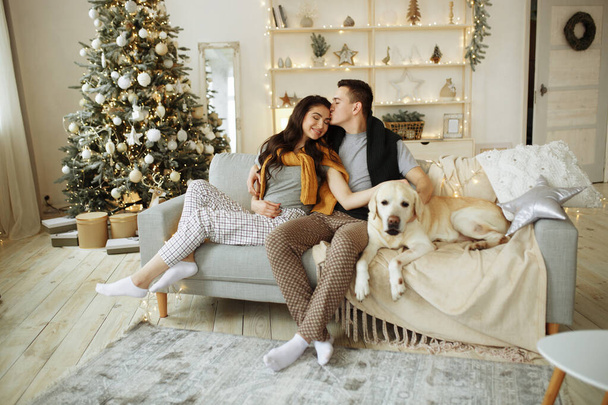 happy couple is sitting on sofa with dog, christmas. new year at home. family and date - Fotó, kép