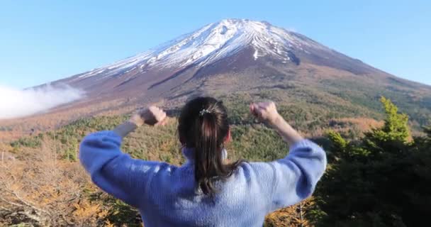 Γυναίκα σηκώνοντας τα χέρια χαιρετώντας χιονισμένο βουνό - Πλάνα, βίντεο