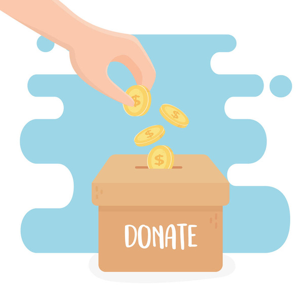 vrijwilligerswerk, helpen liefdadigheid doneren hand duwen munten in doos - Vector, afbeelding