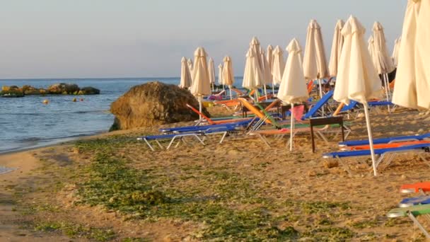 Vacaciones de lujo en mar. Tumbonas vacías multicolores o tumbonas y sombrillas plegadas en la playa del resort
 - Metraje, vídeo