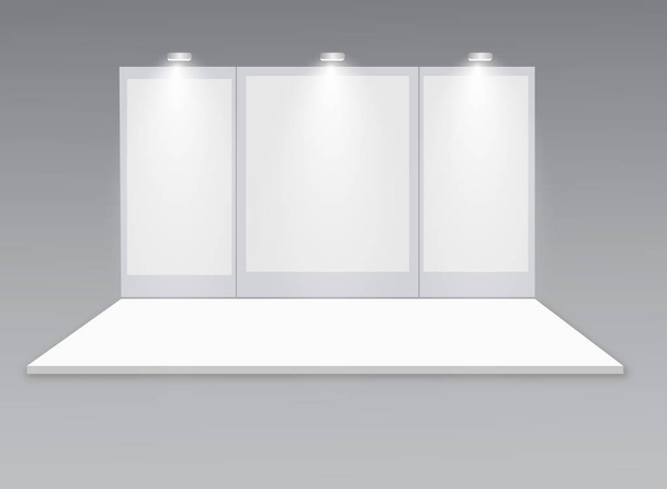 3D exhibition booth. White empty promotional stand with desk. Vector white empty geometric square. Presentation event room display. Blank box template - Vector, imagen