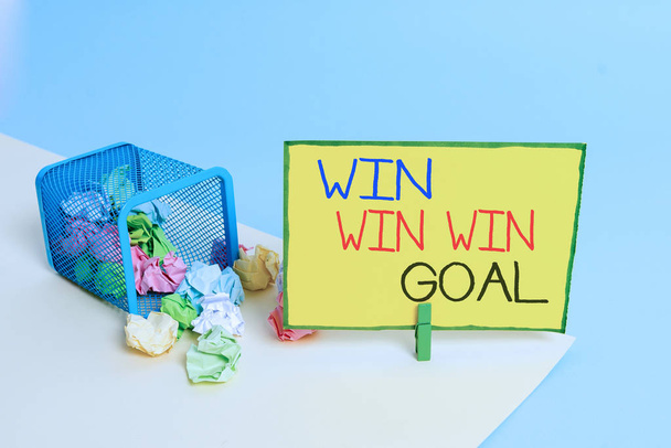 Writing note showing Win Win Win Goal. Business photo showcasing Approach that aims to satisfy all parties involved Trash bin crumpled paper clothespin reminder office supplies. - Photo, Image