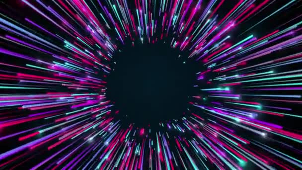 3d rendering movement through long corridor from beams. Speed of light, neon glowing rays in motion. Computer generated abstract modern cosmic background - Footage, Video