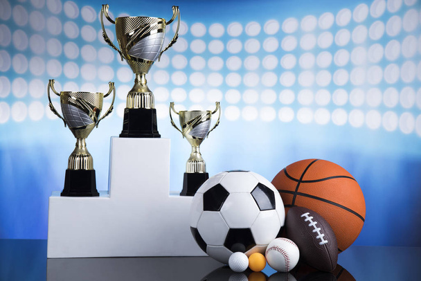 Podium for sports awards, equipment and balls - Photo, Image
