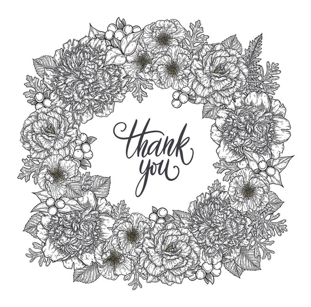 Roses and peonies flower bouquet wreath border hand drawn in lines. Thank you hand lettering card template. Black and white monochrome graphic doodle elements. Isolated vector illustration - ベクター画像