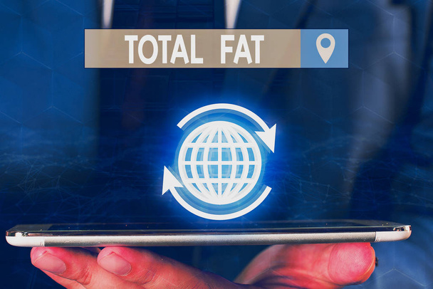 Znak tekstowy pokazujący Total Fat. Fotografia koncepcyjna połączona wartość różnych rodzajów tłuszczu podanych na etykiecie. - Zdjęcie, obraz