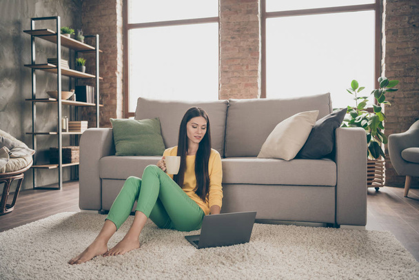 Full length photo of interested girl sit floor carpet use computer search internet movie hold cup with cacao wear yellow pullover green pants in house indoors - Photo, image