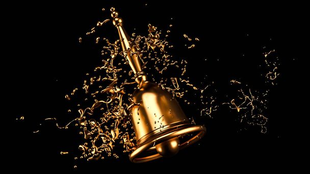 A beautiful metallic Christmas bell and a splash of gold. 3d ill - Fotoğraf, Görsel