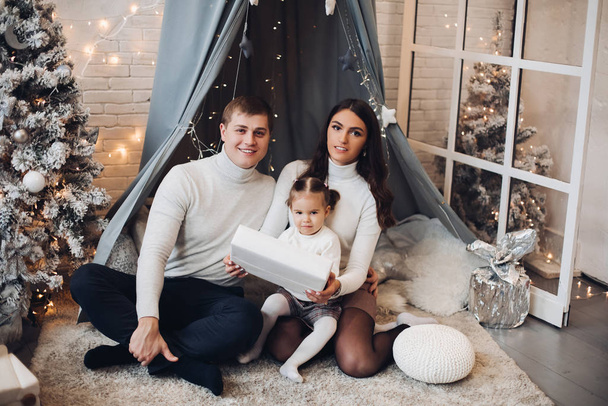 Baldachin 'in altında genç ve güzel bir aile. Noel süslemeleri. - Fotoğraf, Görsel