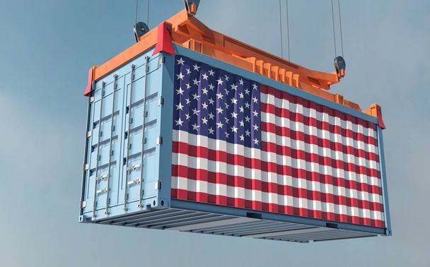 アメリカ国旗デザインの貨物コンテナがスプレッダーにかかっています – 3Dレンダリング - 写真・画像