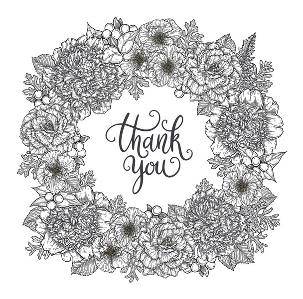 Roses and peonies flower bouquet wreath border hand drawn in lines. Thank you hand lettering card template. Black and white monochrome graphic doodle elements. Isolated vector illustration - Διάνυσμα, εικόνα