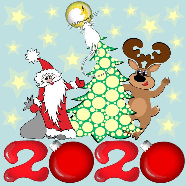 Weihnachtsmann oder Weihnachtsmann und ein Hirsch stehen neben einem Weihnachtsbaum, der mit gelben oder goldenen Kugeln und einem roten Stern geschmückt ist. - Vektor, Bild