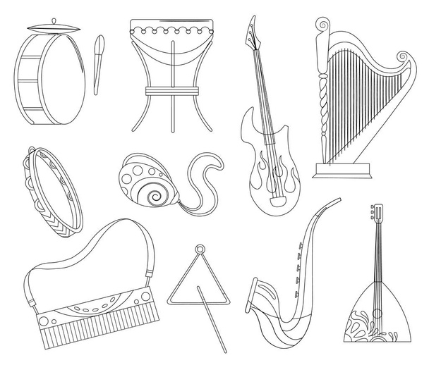 Állítsa be a különböző hangszerek tamburin, dob, akusztikus. Elektronikus gitár hegedű harmonika trombita és dob - zenei eszközök rajzfilm lapos vektor - Vektor, kép