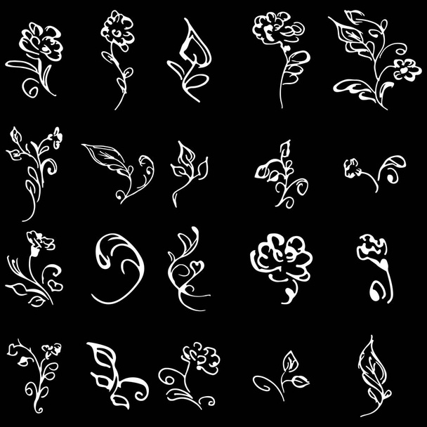Flowers and branches hand drawn collection isolated on black background. 20 Floral graphic elements. Big vector set. Outline collection - Vektör, Görsel