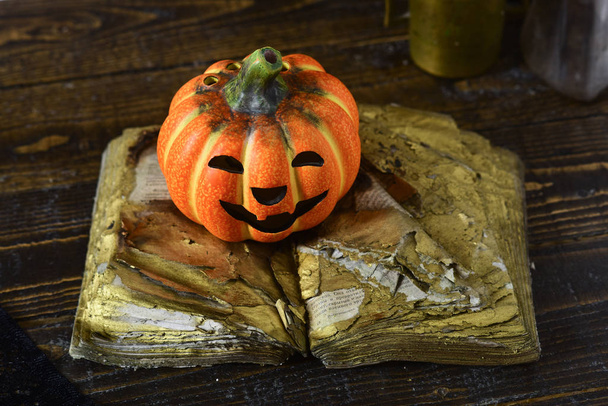 Pumpkin with happy carved face lies on old open book - Photo, Image