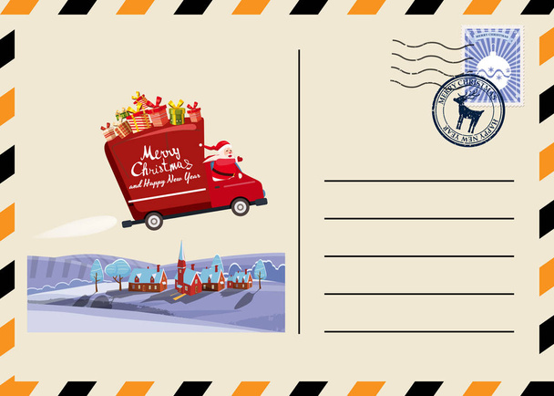 Noel ve yılbaşı kartpostalında pullar ve işaretler var. Minibüs gece gökyüzünde Noel Baba 'nın üstünde uçuyor ve şoför hediyeler getiriyor. Düz çizgi film stili vektör illüstrasyon tebrik kartı - Vektör, Görsel