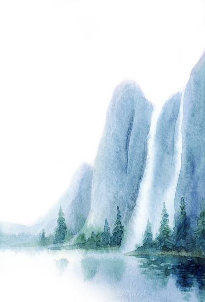 水彩画の風景。岩から湖への滝 - 写真・画像