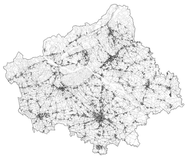 Δορυφορικός χάρτης της επαρχίας Τρεβίζο, των πόλεων και των δρόμων, των κτιρίων και των οδών σύνδεσης των γύρω περιοχών. Βένετο, Ιταλία. Χάρτης οδοί, δακτύλιοι - Διάνυσμα, εικόνα