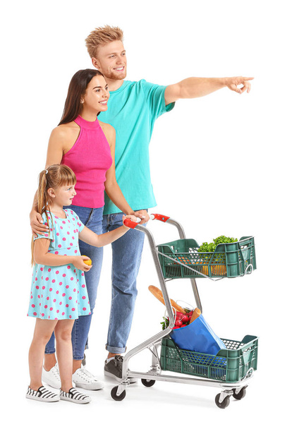 Family with shopping cart on white background - Photo, Image
