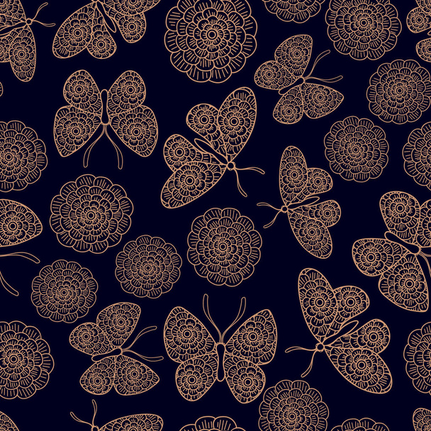 Vector Gold Line Art Butterflies with Floral Wings and Flowers on Dark Blue. Background for textiles, cards, manufacturing, wallpapers, print, gift wrap and scrapbooking. - ベクター画像