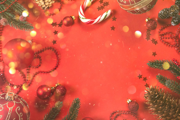 Christmas decorations on red background - Photo, Image