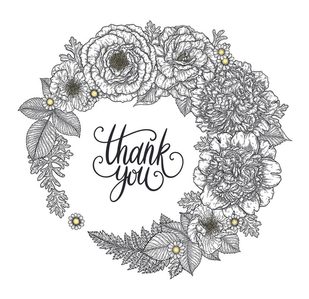 Roses and peonies flower bouquet wreath border hand drawn in lines. Thank you hand lettering card template. Black and white monochrome graphic doodle elements. Isolated vector illustration - Vettoriali, immagini