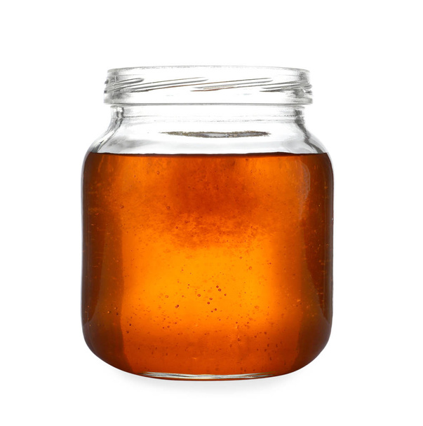 Jar with organic honey isolated on white - Фото, изображение