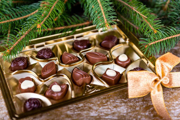 Belgian chocolate pralines with Christmas tree - Photo, Image