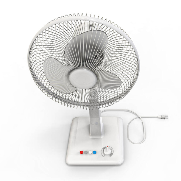 White electric fan. Three-dimensional model on a white background. Fan with control buttons on the stand. A simple device for air ventilation. 3d illustration. - Photo, Image