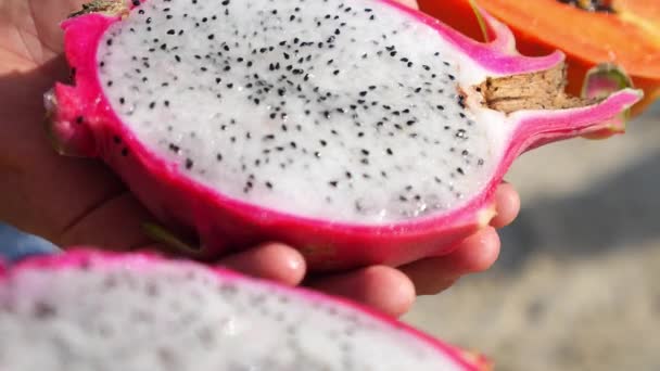 Fresh Tropical Fruits Closeup. Dragon Fruit Pitaya And Papaya - Video