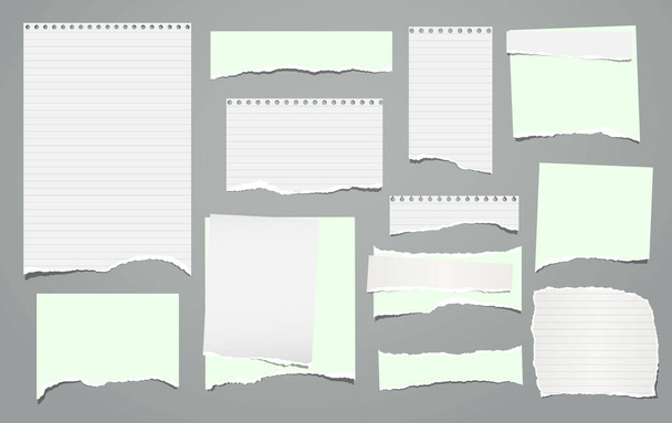 Set of torn white, lined and green note, notebook paper pieces, reminder tapes stuck on grey background. Vector illustration - ベクター画像