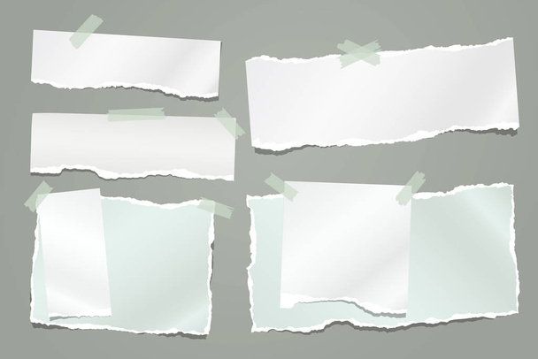 Set gescheurde witte en groene notities, notitieboekjes en stukjes plakband op grijze ondergrond. Vectorillustratie - Vector, afbeelding