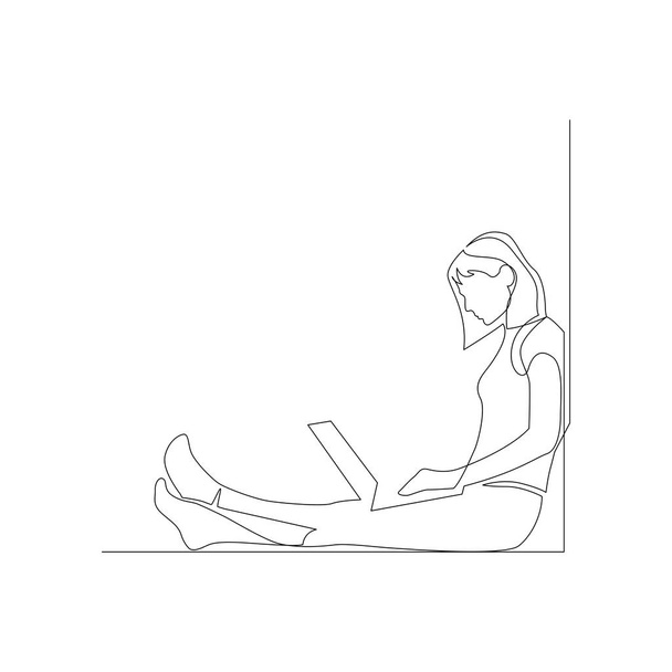 Continuous one line woman with laptop sitting on the floor leaning against a wall. Vector illustration. - Vector, Image