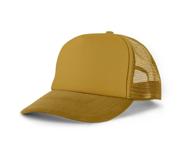 Side View Realistic Cap Mock Up In Spicy Mustard Colorは、デザインやブランドロゴを美しく表示するための高解像度の帽子モックアップです。. - 写真・画像