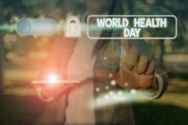 Tekstimerkki, jossa näkyy Maailman terveyspäivä. Käsitteellinen kuva Maailmanlaajuinen terveystietoisuuden päivä vietetään vuosittain
. - Valokuva, kuva