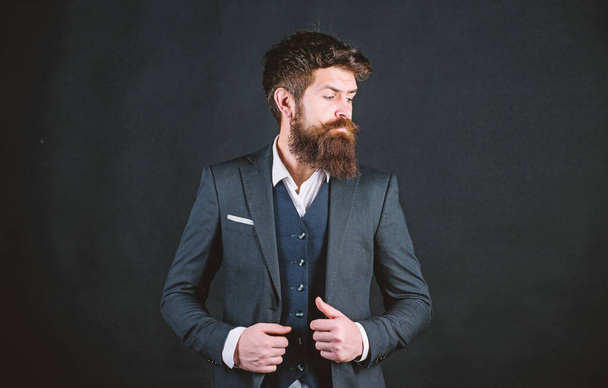 Impeccable style. Man bearded guy wear suit outfit. Perfect elegant tuxedo outfit. Elegancy and male style. Fashion concept. Guy wear formal outfit. Businessman fashionable outfit black background - Fotografie, Obrázek