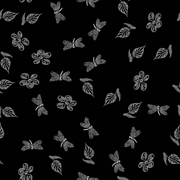 Dragonfly seamless hand-drawn pattern with flowers for wallpaper design. Retro abstract card with white dragonfly seamless hand flowers on black background. Vintage floral pattern - Vector, Imagen