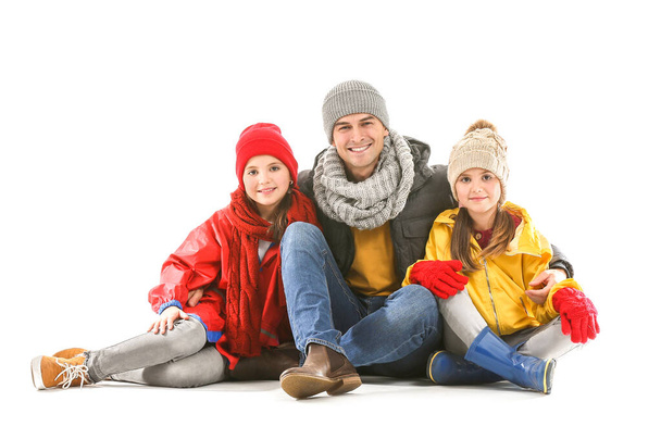Happy family in autumn clothes on white background - Photo, Image