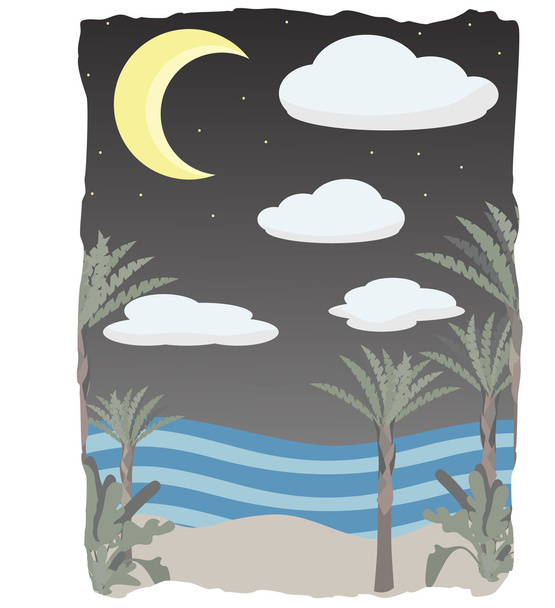 noční době na scéně beach mraky, měsíc - Vektor, obrázek