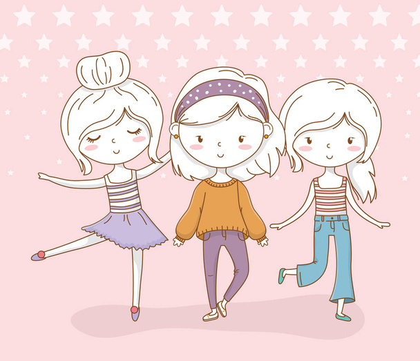 Группа девчонок с пестрыми цветами и пунктирным фоном - Вектор,изображение