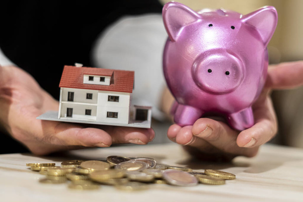 Saving money and dreaming a new home concept. Coins, model house and piggy bank. Selective focus - Photo, Image