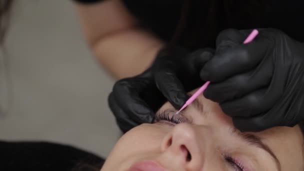 Professional beautician in a beauty salon straightens eyelashes to a client. - Footage, Video