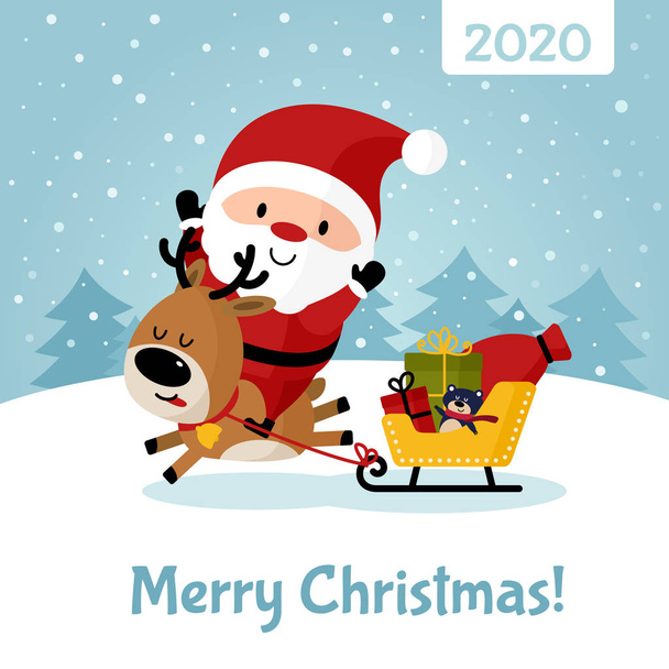 Kerstman springt op herten en slee, zak cadeau - Vector, afbeelding